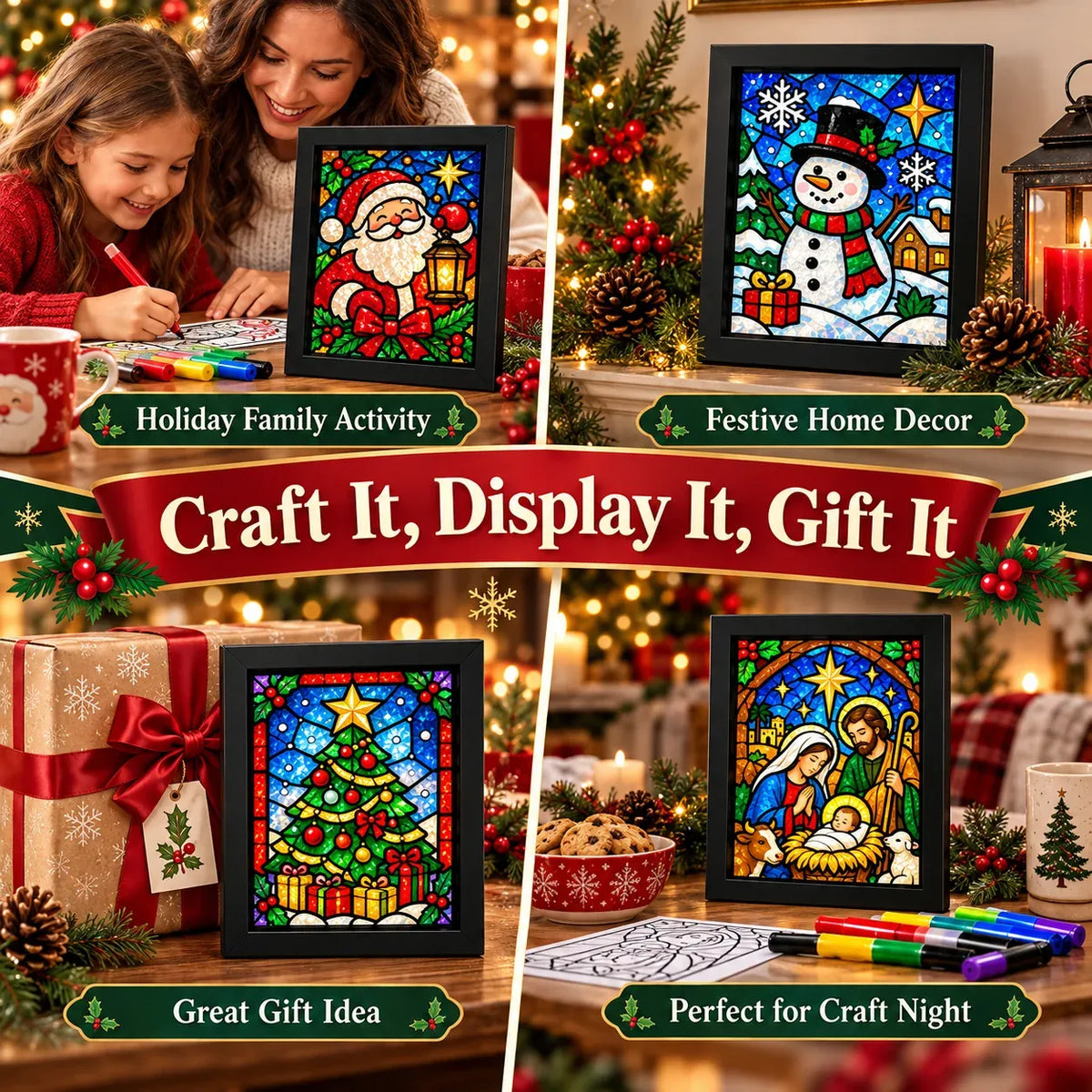 🎄Beginner-Friendly Christmas Stained Glass-Style Frame Kit | 8 Festive Designs with Pens, Foil & Frame ✨