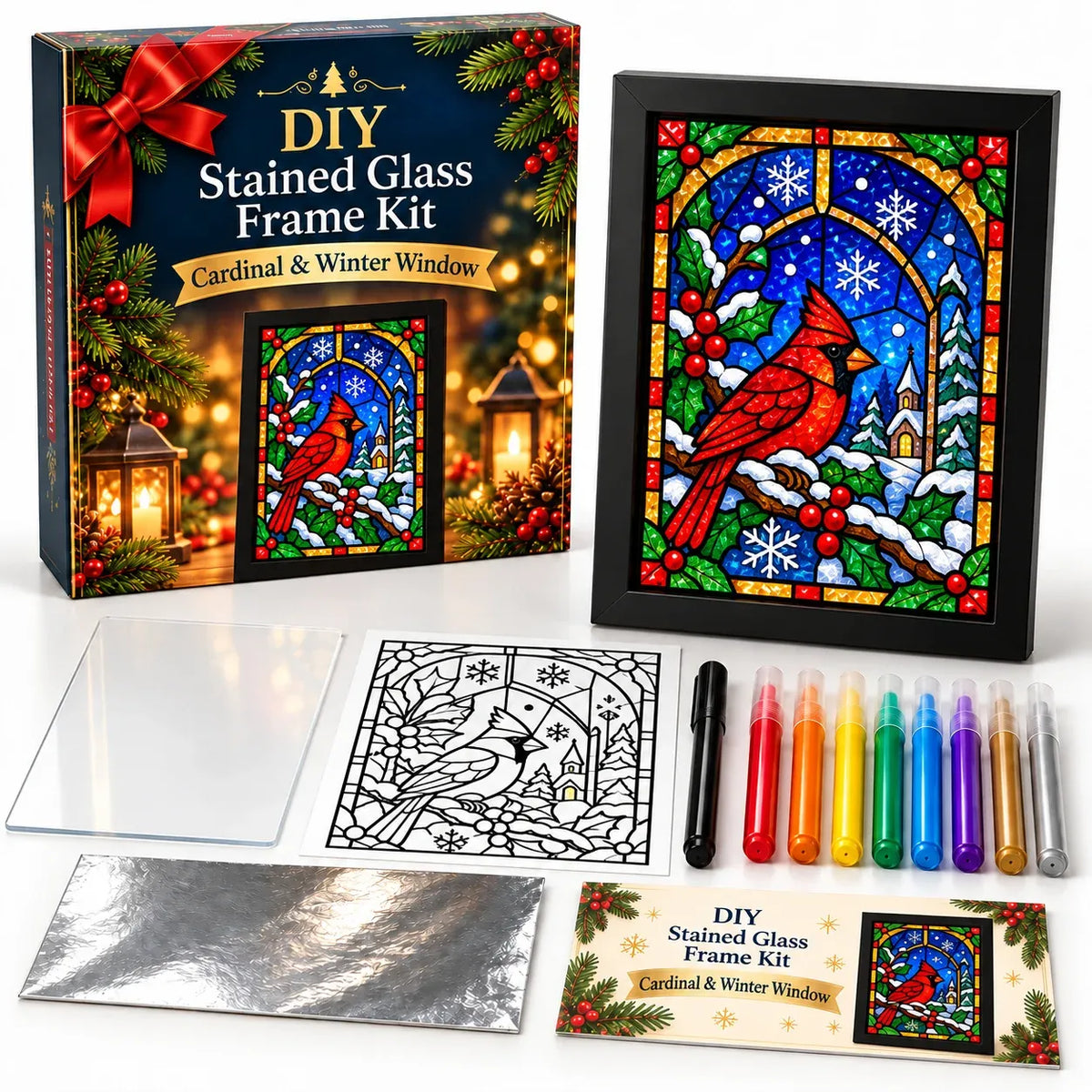 🎄Beginner-Friendly Christmas Stained Glass-Style Frame Kit | 8 Festive Designs with Pens, Foil & Frame ✨
