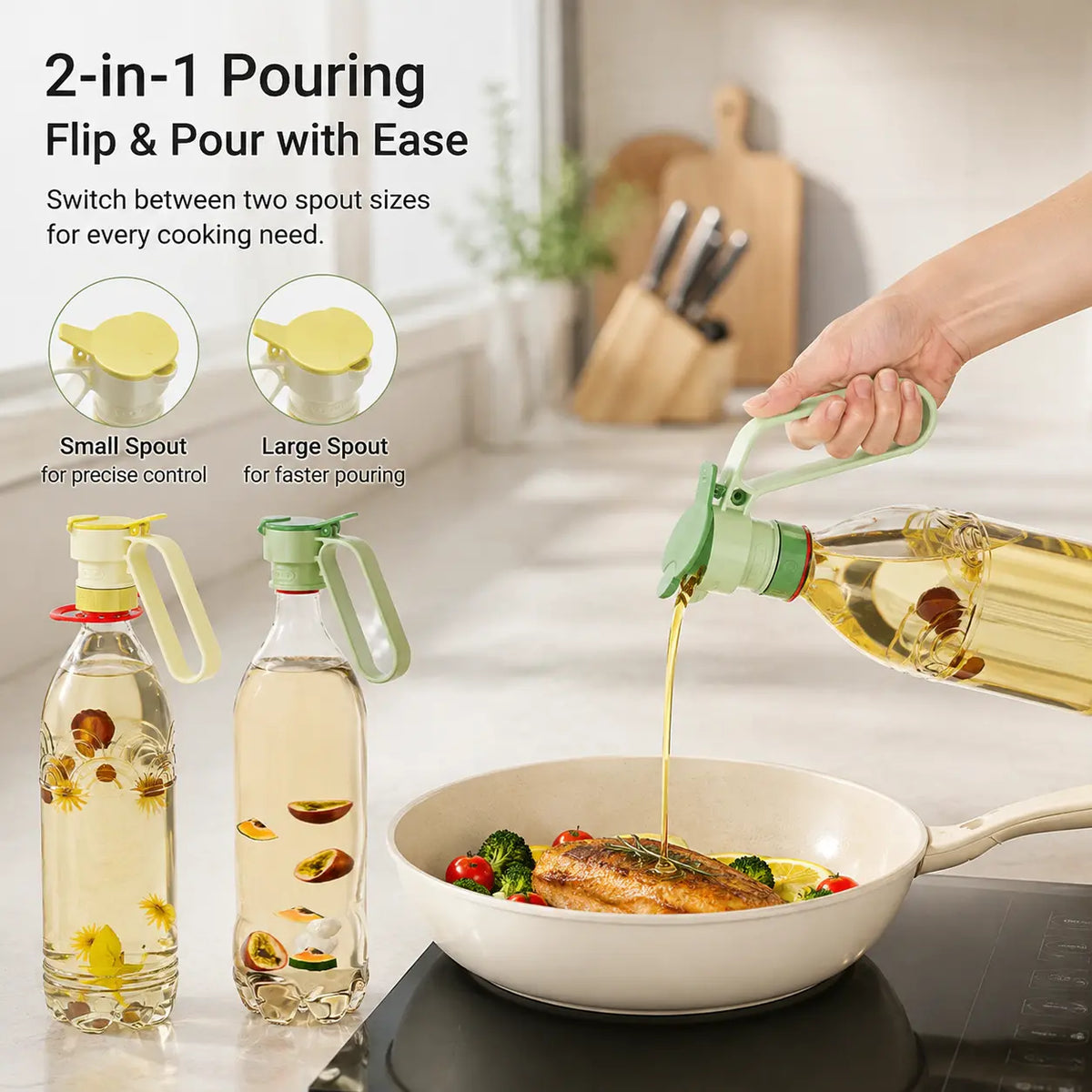 Sohochic Plastic Bottle Pour Spout Cap Dispenser - 2Count, Portable Kitchen Utensil with Carry Handle, Detachable Wide Mouth & Different Caliber, for DIY Oil Pots & Refrigerator Cold Water Making
