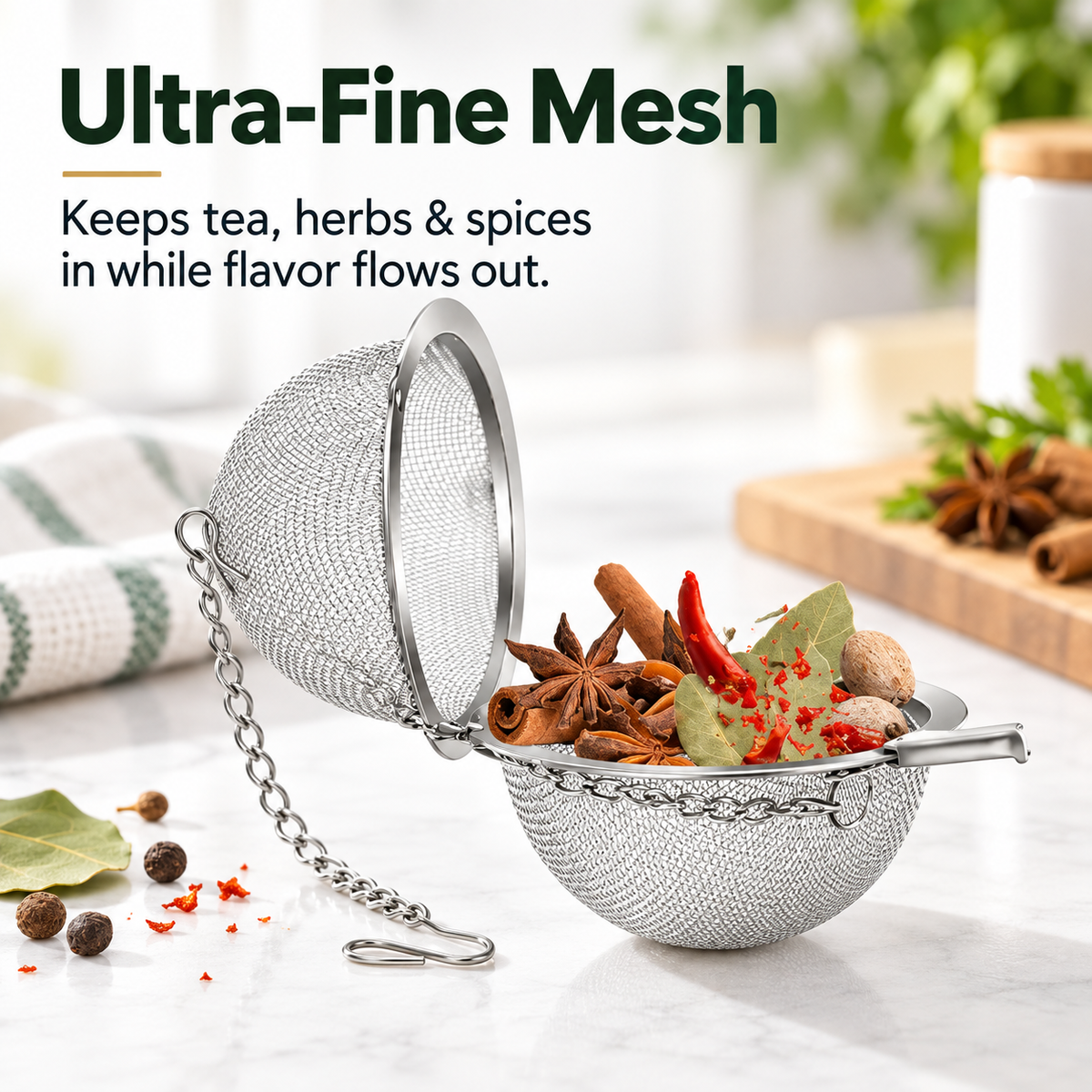 🍵🔗Stainless steel spice balls with chain - suitable for soups, broths, stews, seasonings, and cooking