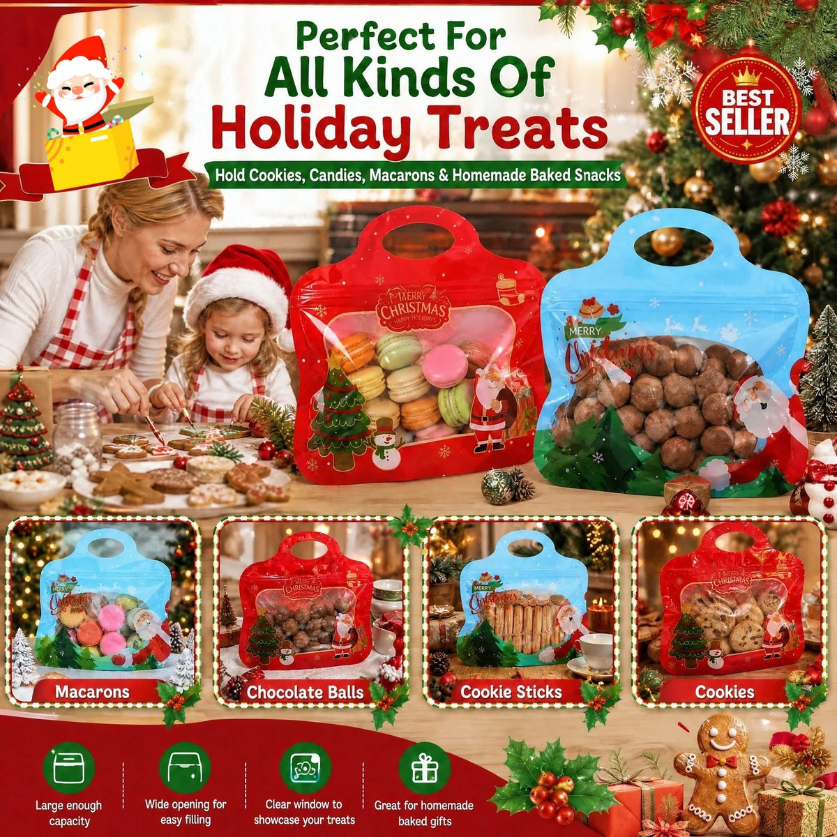 💖LAST DAY SALE 50% OFF!!🎁Easy Fill, Easy Seal🎄 Festive Self-Seal Treat Bags – Santa & Snowman Print | Resealable, Food-Safe & Perfect for Cookies, Chocolates & Little Gifts 🎅⛄