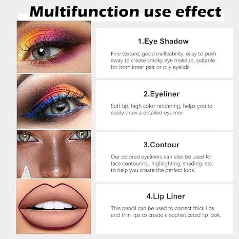 12-Pack Eyeliner Pencil Waterproof Colored Gel Liners with Metallic & Shimmer Finishes Smudge-Proof