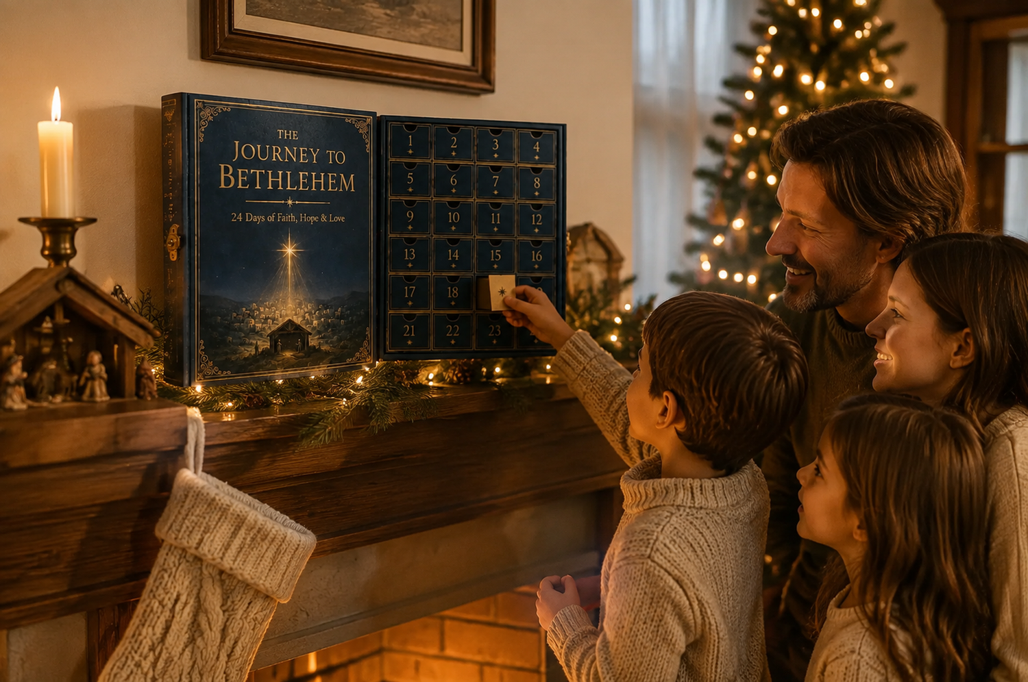 Family using Nativity Advent Calendar on Christmas mantel