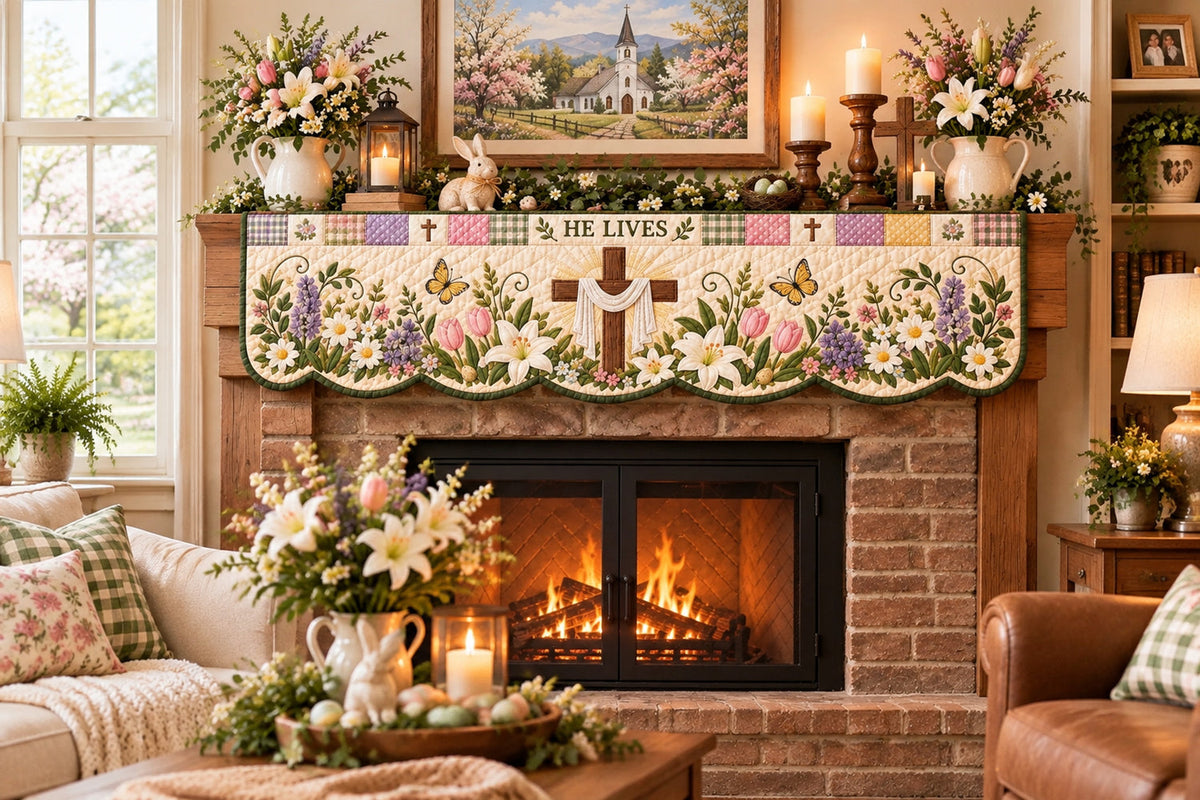 easter faith quilted mantel scarf patchwork christian fireplace d cor for spring easter landing 04