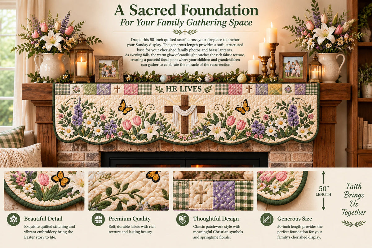 easter faith quilted mantel scarf patchwork christian fireplace d cor for spring easter landing 05