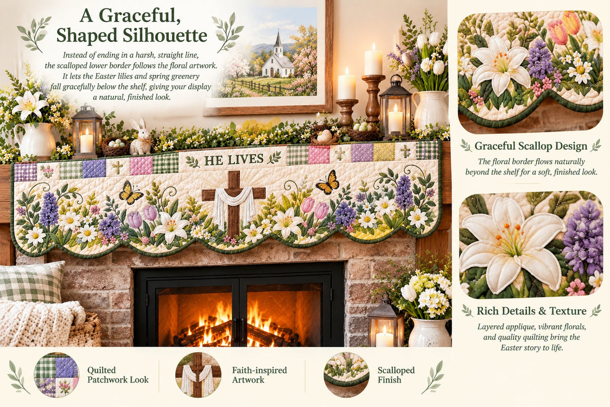 easter faith quilted mantel scarf patchwork christian fireplace d cor for spring easter landing 07