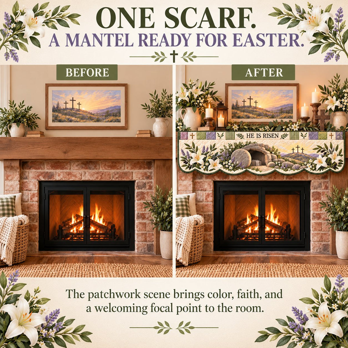 ⏳ Last Day 50% OFF – ✝️ Easter Faith Quilted Mantel Scarf | Patchwork Christian Fireplace Décor for Spring & Easter 🌷