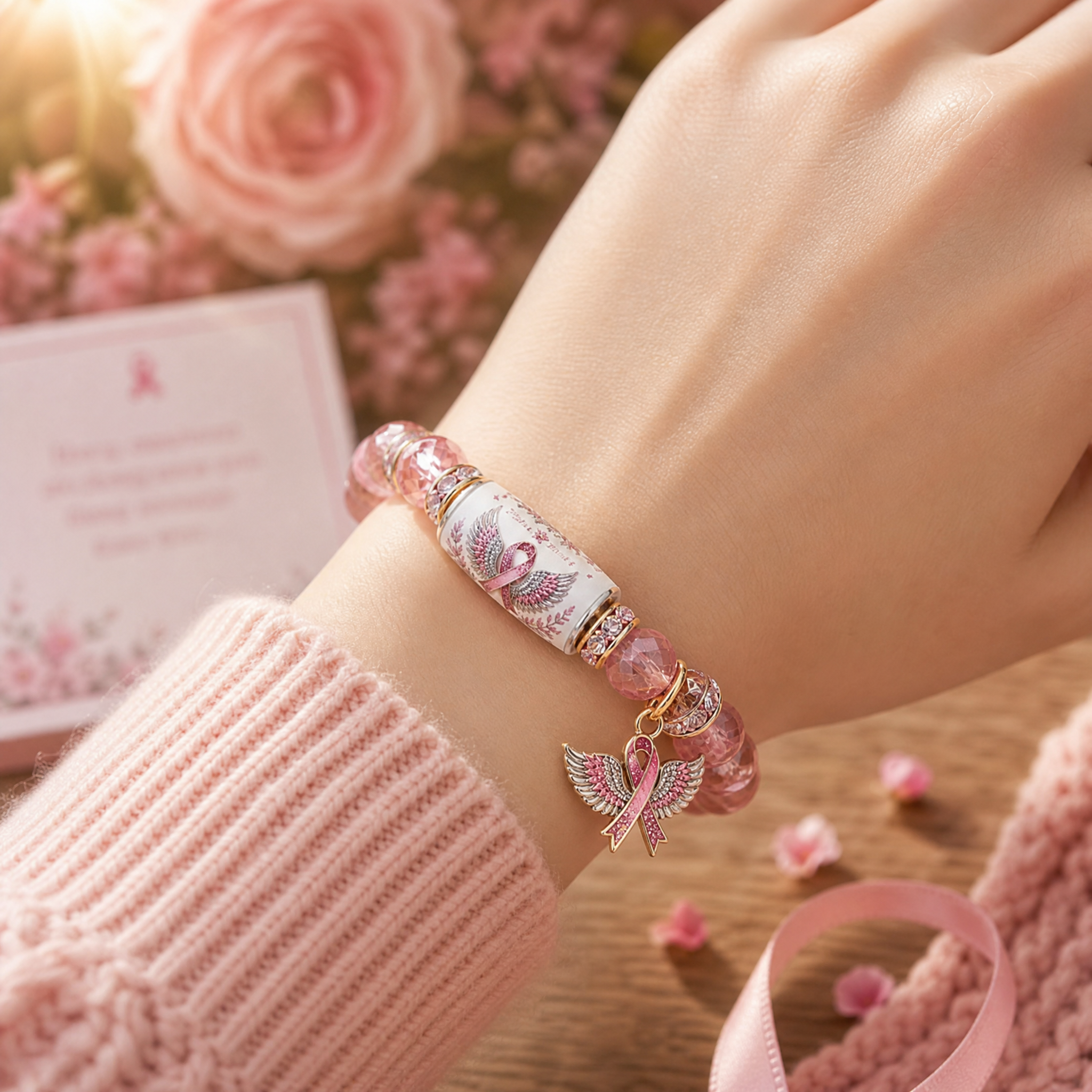 🎗️ Pink Ribbon Angel Wings Bracelet — Breast Cancer Awareness Hope & Strength Beaded Bracelet with Gift Box