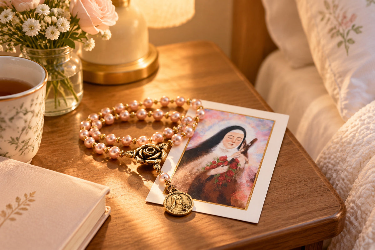 st therese little flower rose novena chaplet blush pearl prayer beads landing 07