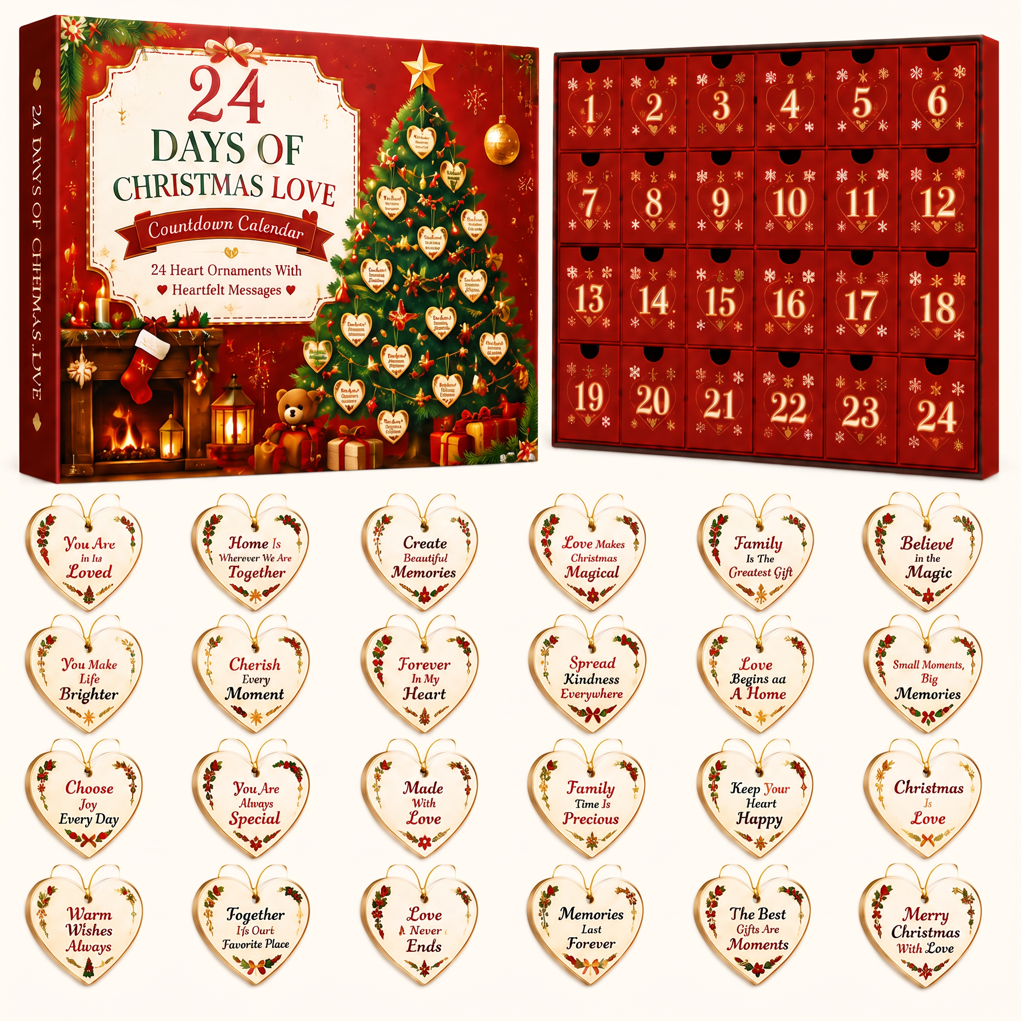 🎄24 Days of Christmas Love Countdown Calendar – Heartfelt Message Ornaments Gift