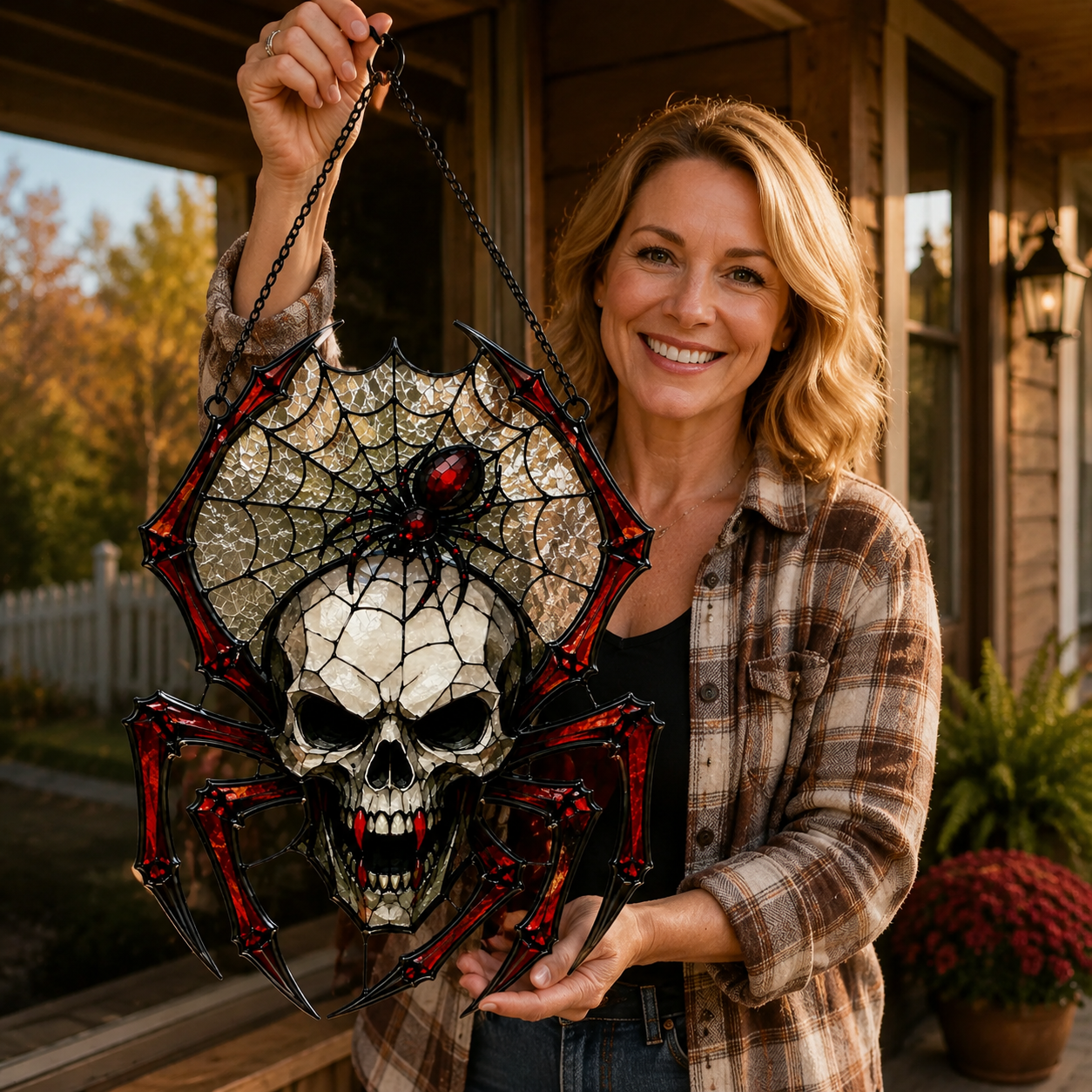painted skull and spider web hanging ornament landing 02