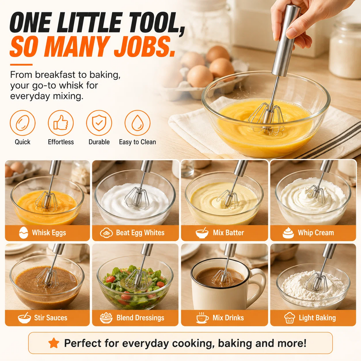 qq stainless steel hand push rotary whisk food grade rust resistant kitchen utensil with sturdy riveted construction semi automatic design for coffee egg whisking and cooking tasks easy to clean landing 04