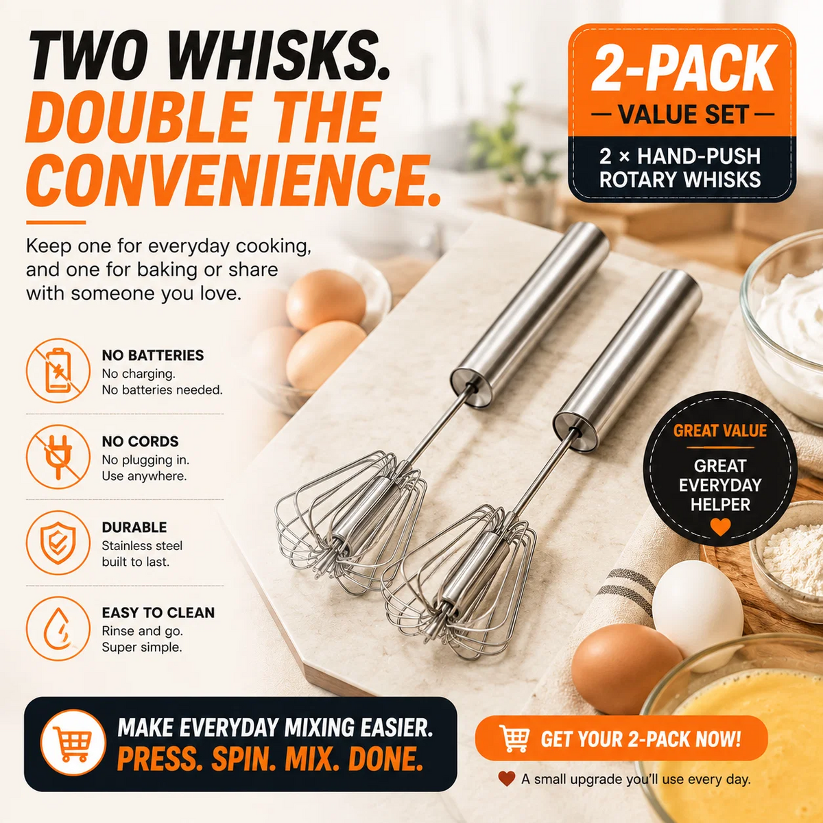 qq stainless steel hand push rotary whisk food grade rust resistant kitchen utensil with sturdy riveted construction semi automatic design for coffee egg whisking and cooking tasks easy to clean landing 01