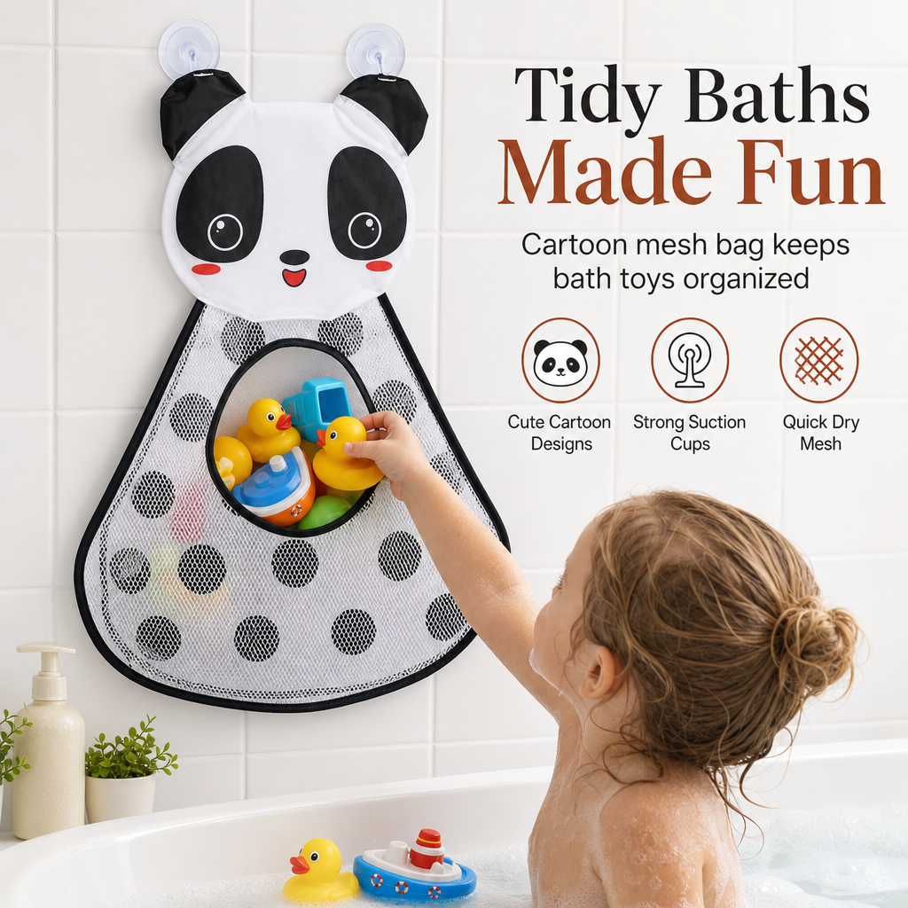 Cartoon Animal Bath Toy Organizer Mesh Storage Bag with Suction Cups for Kids Bathroom