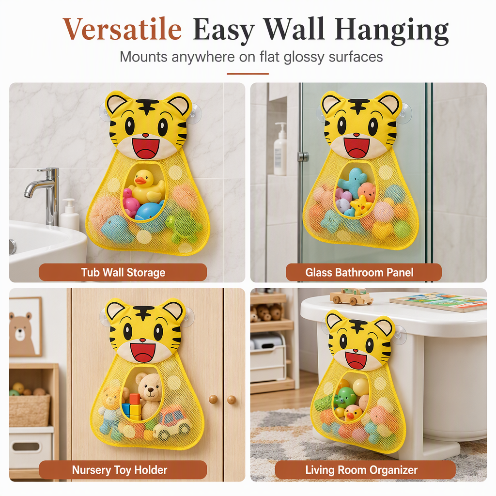 Cartoon Animal Bath Toy Organizer Mesh Storage Bag with Suction Cups for Kids Bathroom