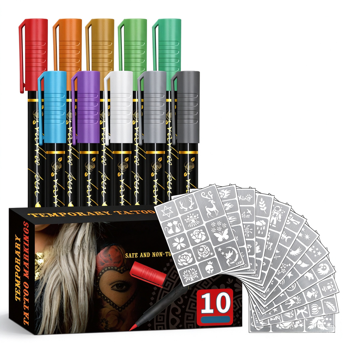 🌈🎨10-Color Temporary Tattoo Markers Set